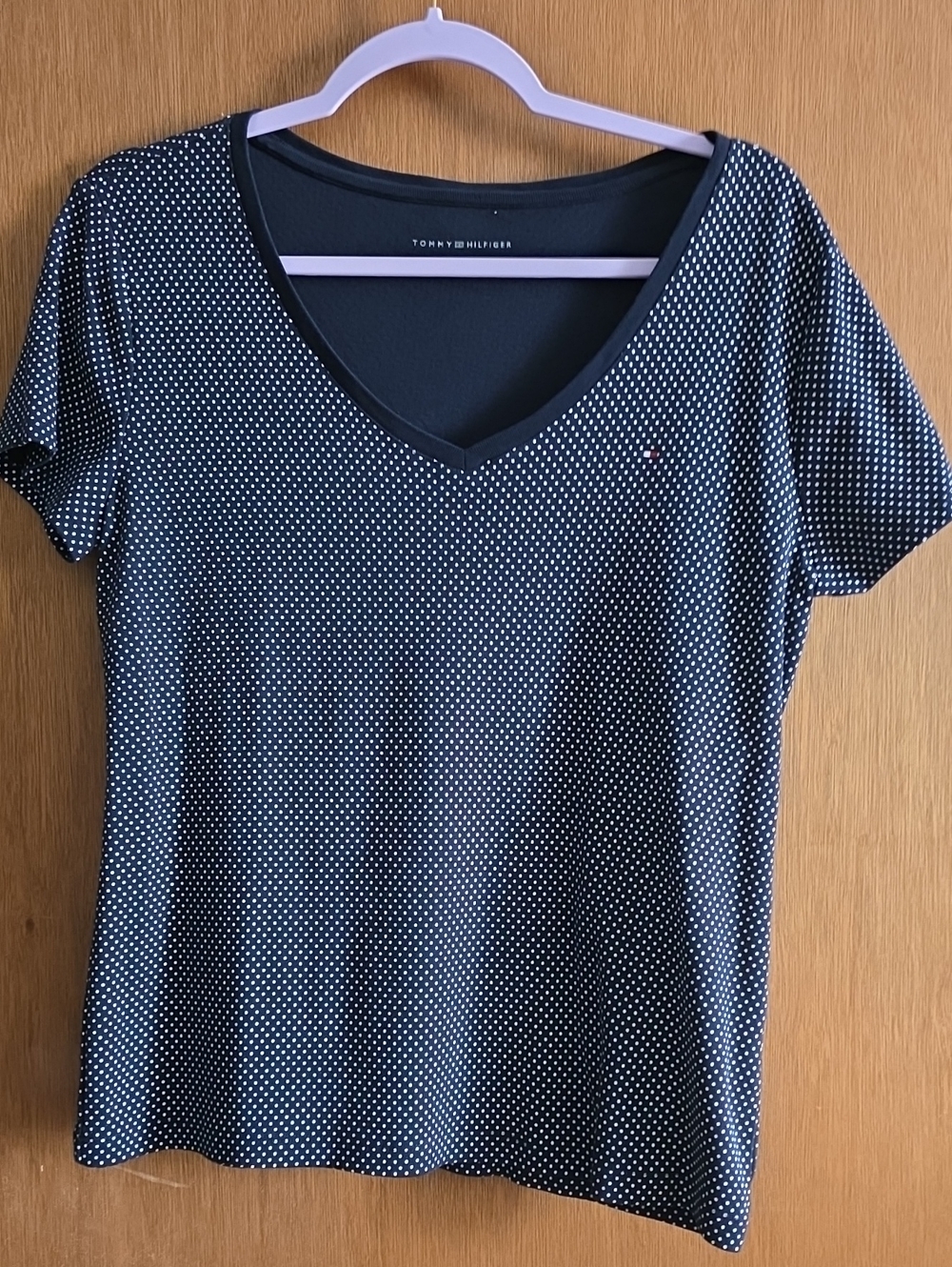 Tommy Hilfiger Black V-Neck Short Sleeve Tee with White Micro Dots